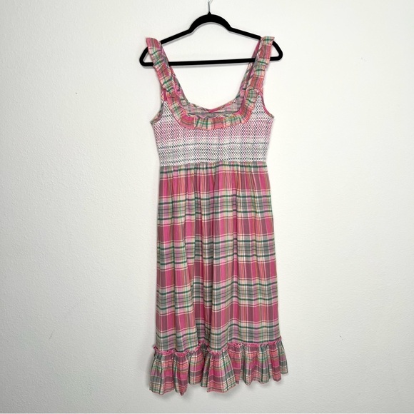 Valencia and Vine Lucy Plaid Smocked Ruffle Midi Dress 100% Cotton Size Large - Picture 3 of 7